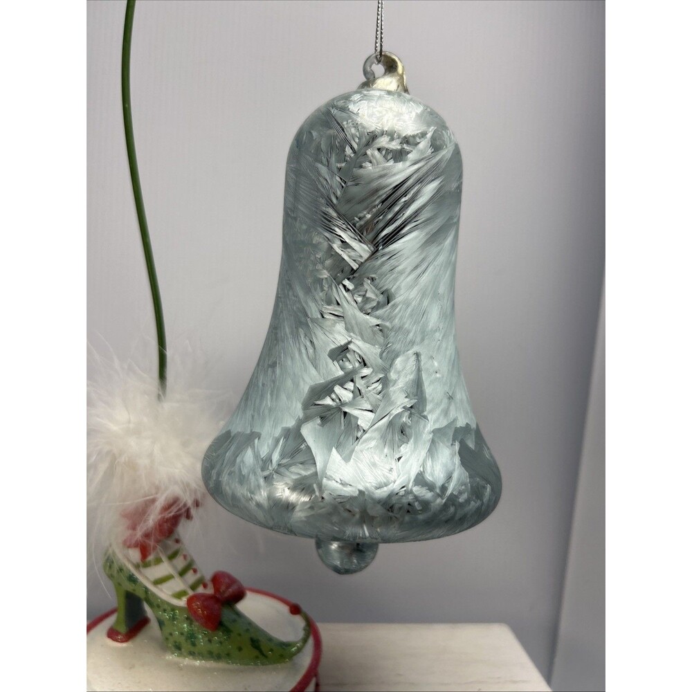 Large Blue Spun Glass Bell Ornament Christmas Winter Frosted Icicle 6.5”
